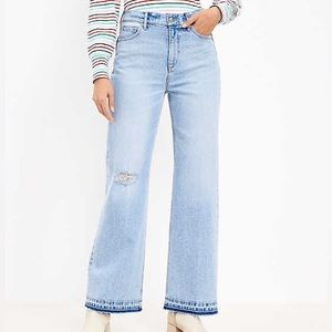 Loft Unpicked Hem High Rise Wide Leg Jeans In Authentic Light Indigo Wash